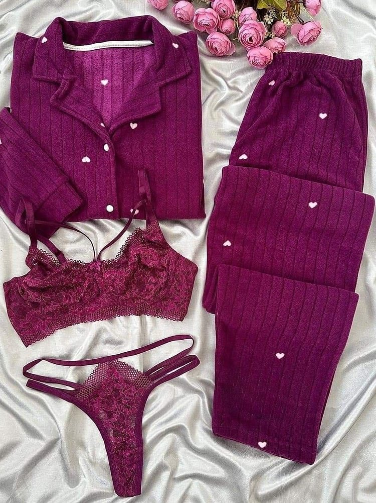 Sufiyana Ámour's Sexy Plum Heart Pattern Night Suit & Lace Bra Panty Set for Women