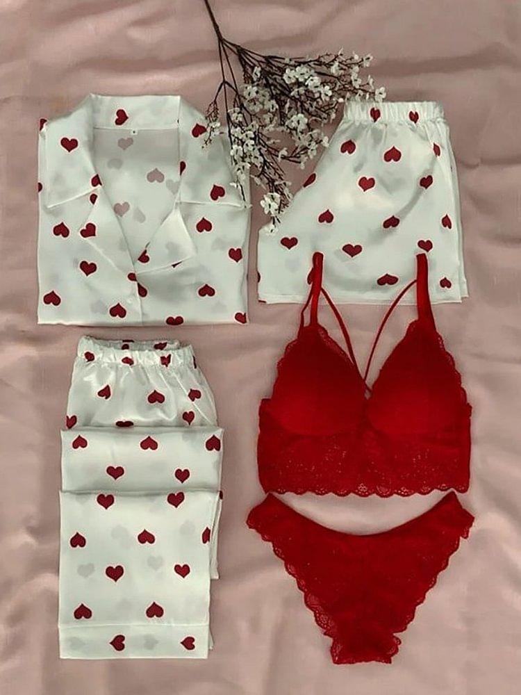 Sufiyana Ámour's Floral Red and White Night Suit & Bra Panty Set Combo for Women