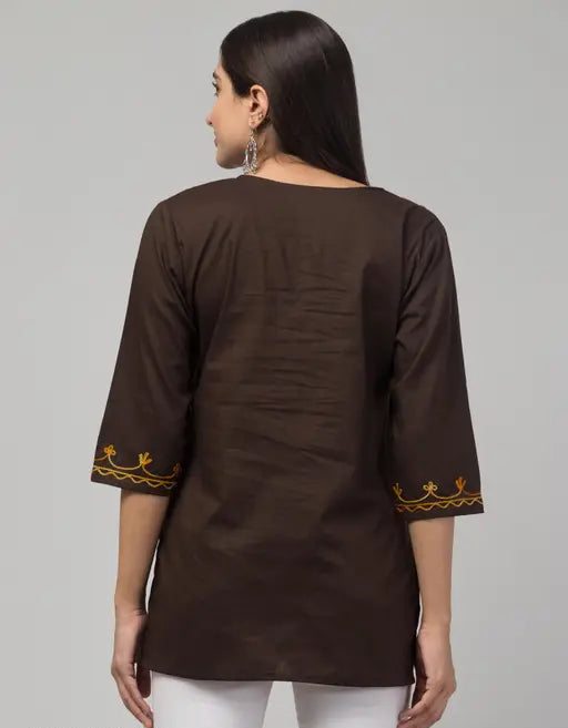 Sufiyana Ámour's Deep Brown Embroidered Cotton Kurti for Women