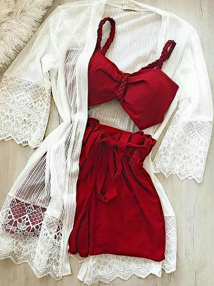 Sufiyana Ámour's Sexy Deep Red Bikini & Shorts Set with White Lace Cover-Up for Women