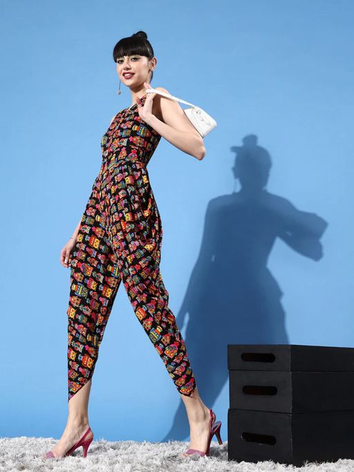 Sufiyana Ámour's Black Multicolor Owl Print Dhoti Jumpsuit for Females