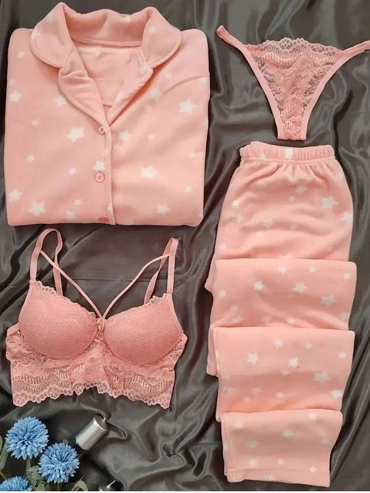 Sufiyana Ámour's Sexy Peach Star Pattern Night Suit & Lace Bra Panty Set for Women