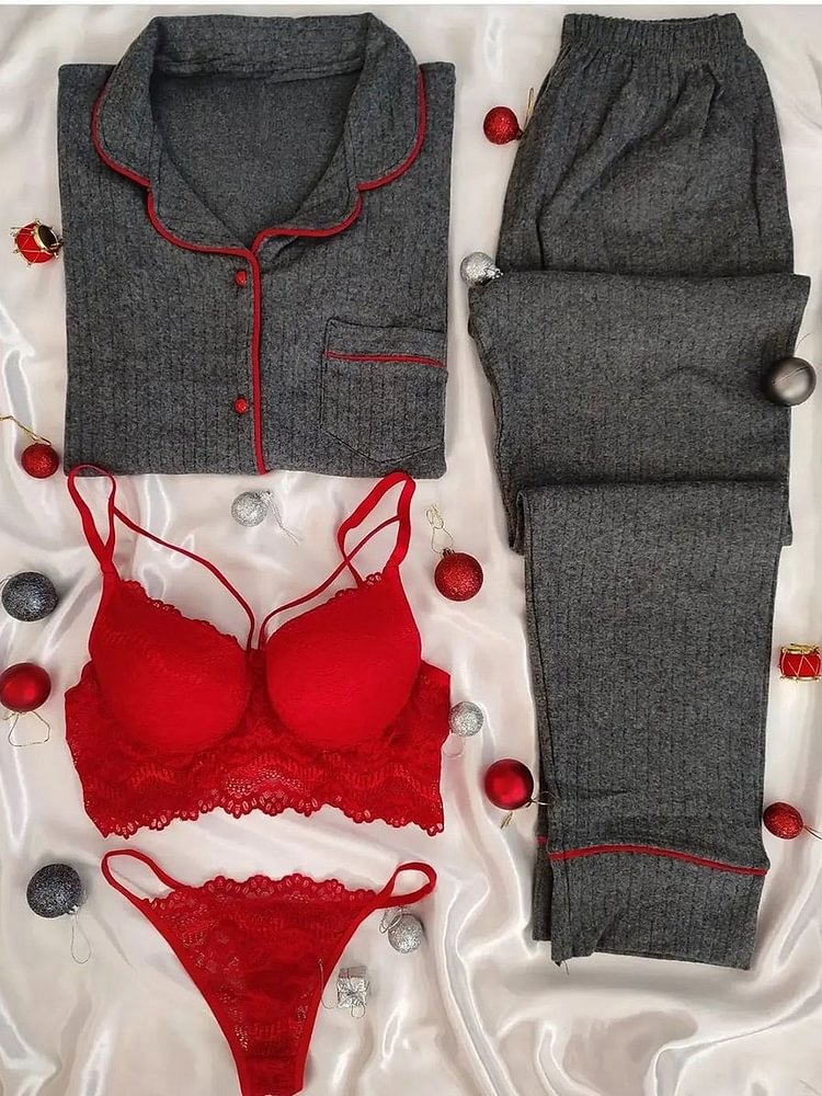 Sufiyana Ámour's Sexy Grey Night Suit with Red Trim & Red Lace Bra Panty Set for Women