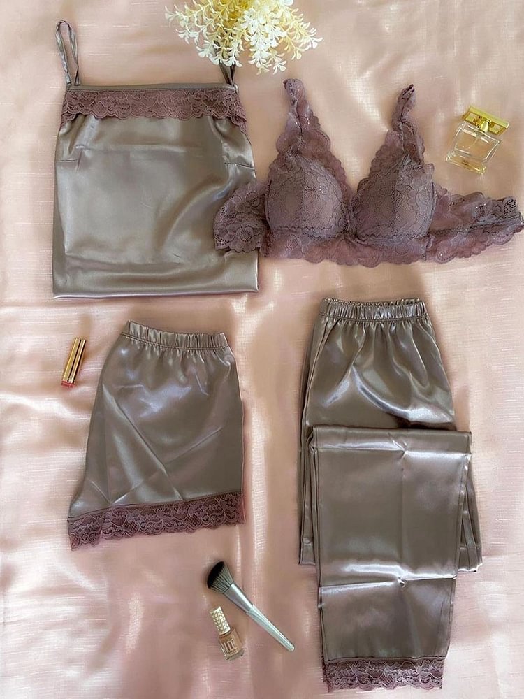 Sufiyana Ámour's Sexy Taupe Lace-Trimmed Satin Cami, Shorts, Pants & Lace Bra Set for Women