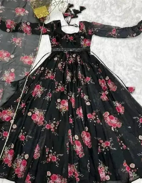 Sufiyana Ámour's Black Floral Print Georgette Anarkali Gown with Dupatta for Women