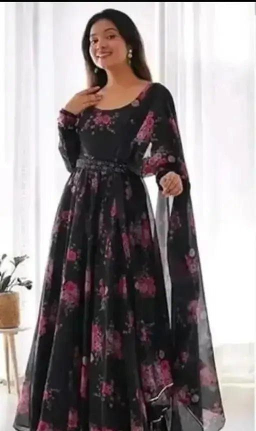 Sufiyana Ámour's Black Floral Print Georgette Anarkali Gown with Dupatta for Women