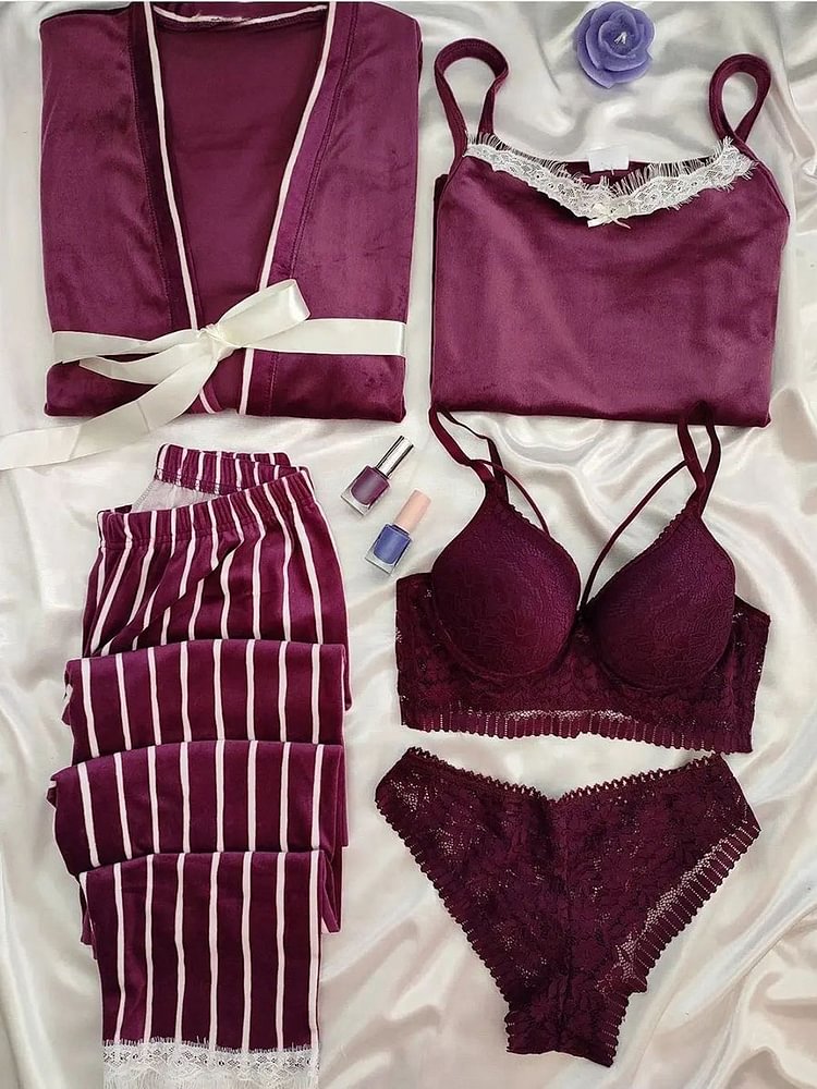 Sufiyana Ámour's Sexy Plum Striped Cami, Pants, Robe & Lace Bra Panty Set for Women