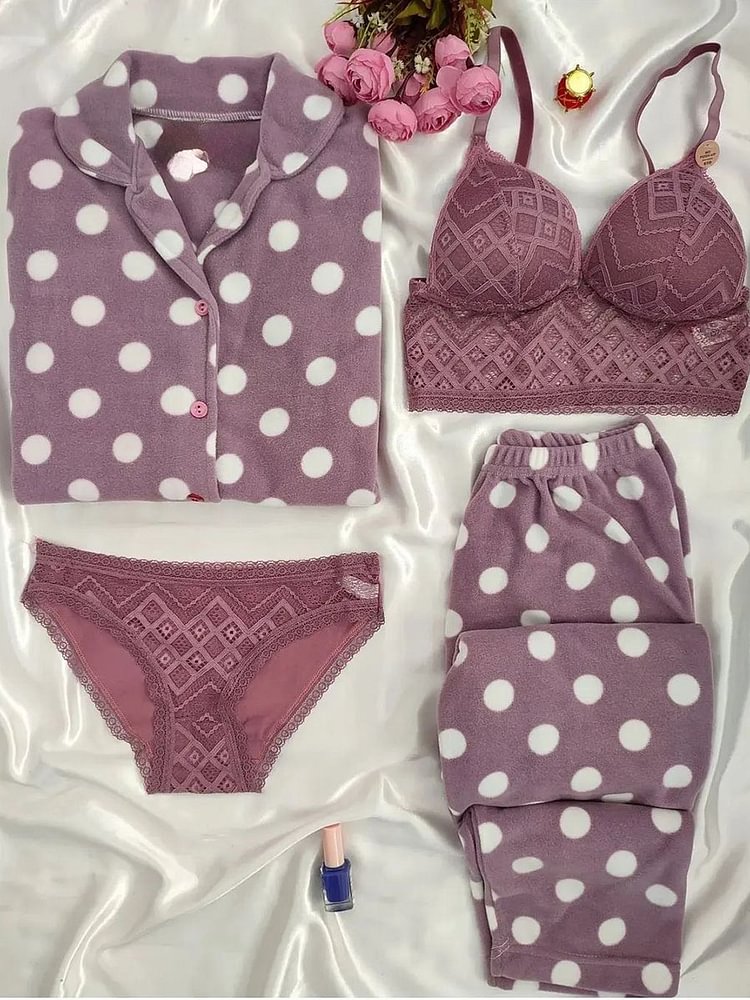Sufiyana Ámour's Sexy Mauve Polka Dot Night Suit & Lace Bra Panty Set for Women