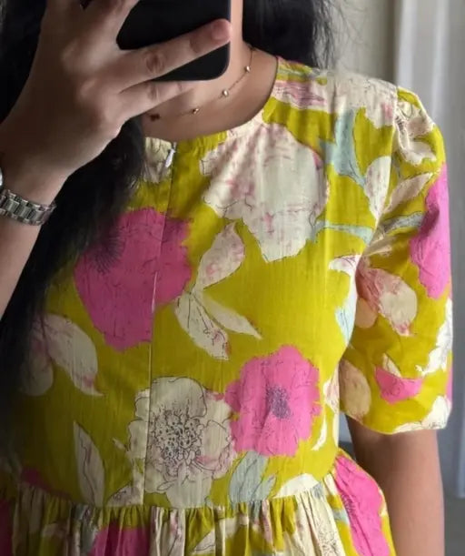 Sufiyana Ámour's Light Yellow-Green Floral Print Cotton Blend Gown Kurti for Women