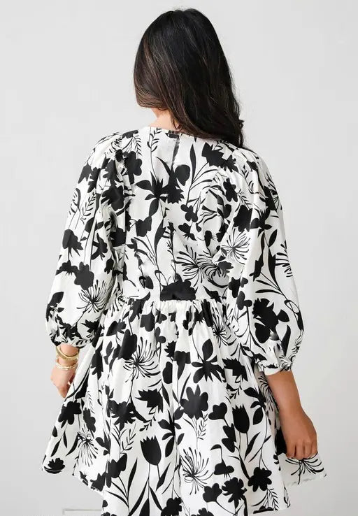 Sufiyana Ámour's White Rayon Fit and Flare Dress with Black Floral Patterns