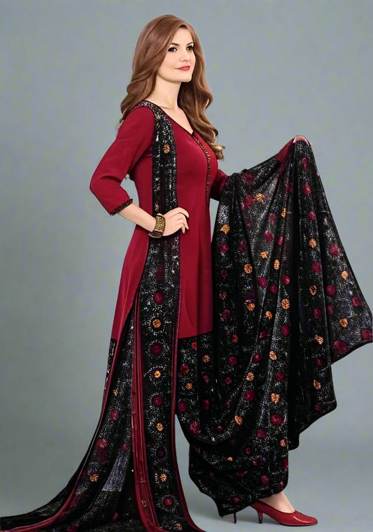 Sufiyana Ámour's Deep Red & Black Salwar Suit Material for Females