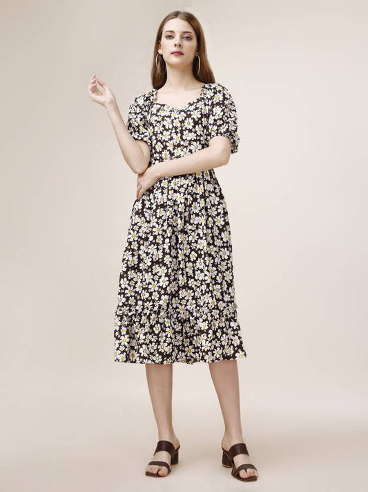 Sufiyana Ámour's Black and White Daisy Print Polyester Midi Dress for Women