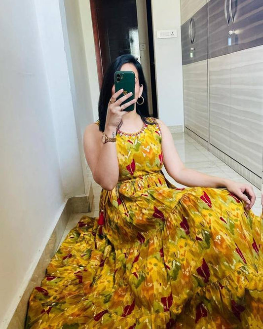 Sufiyana Ámour's Mustard Yellow Floral Print Rayon Gown for Women