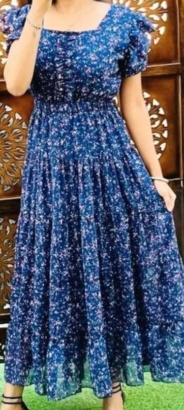 Sufiyana Ámour's Navy Blue Floral Georgette Dress for Women