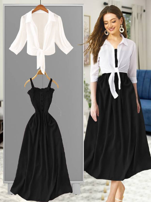 Sufiyana Ámour's Black Crepe Maxi Dress with White Tie-Front Shirt