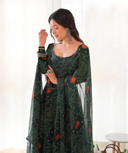 Sufiyana Ámour's Dark Green Bandhani Print Georgette Anarkali Gown with Dupatta for Women