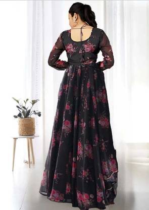 Sufiyana Ámour's Black Floral Print Georgette Anarkali Gown with Dupatta for Women