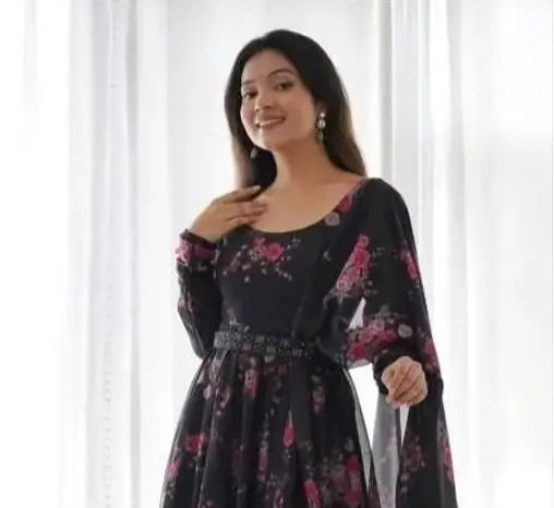Sufiyana Ámour's Black Floral Print Georgette Anarkali Gown with Dupatta for Women