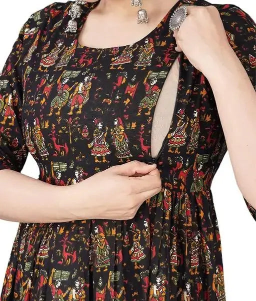 Sufiyana Ámour's Black Printed Rayon Anarkali Kurta Dress for Females