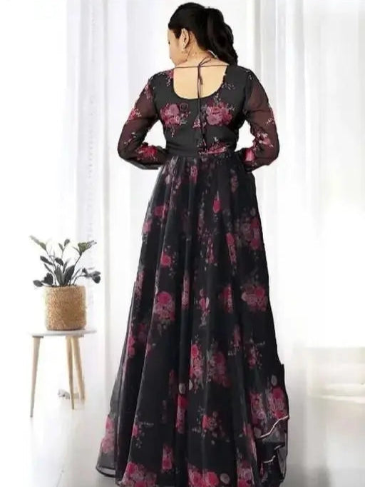 Sufiyana Ámour's Black Floral Print Georgette Anarkali Gown with Dupatta for Women