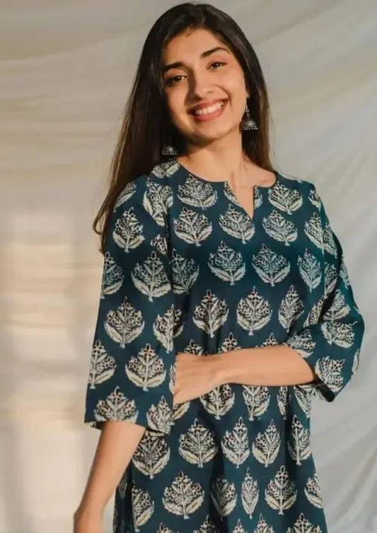 Sufiyana Ámour's Deep Teal Block-Print Viscose Rayon Ethnic Top for Women