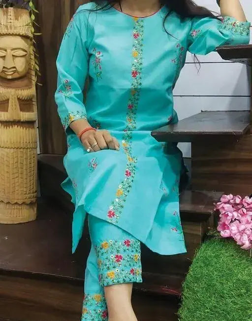 Sufiyana Ámour's Light Turquoise Embroidered Kurta and Palazzo Pants Set for Women