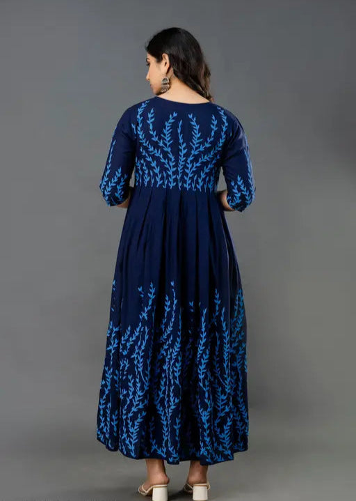 Sufiyana Ámour's Deep Navy Blue Floral Print Rayon Anarkali Kurta for Women