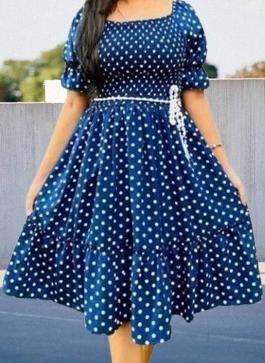 Sufiyana Ámour's Navy Blue Polka Dot Crepe Midi Dress for Women