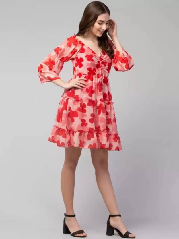 Sufiyana Ámour's Red and Pink Floral Poly Crepe A-Line Dress for Women