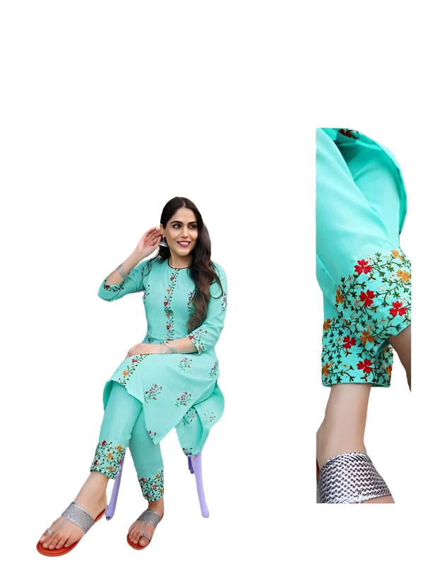 Sufiyana Ámour's Light Turquoise Embroidered Kurta and Palazzo Pants Set for Women