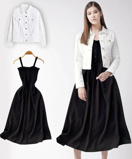 Sufiyana Ámour's Black Midi Dress with White Denim Jacket Set for Women