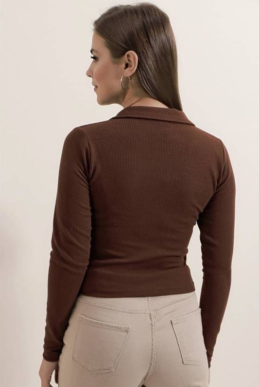Sufiyana Ámour's Deep Brown Ribbed Collar V-Neck Polyester Top for Women