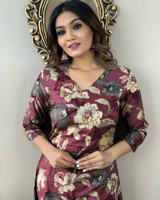 Sufiyana Ámour's Wine-Brown Floral Print Kurta and Pant Set for Women