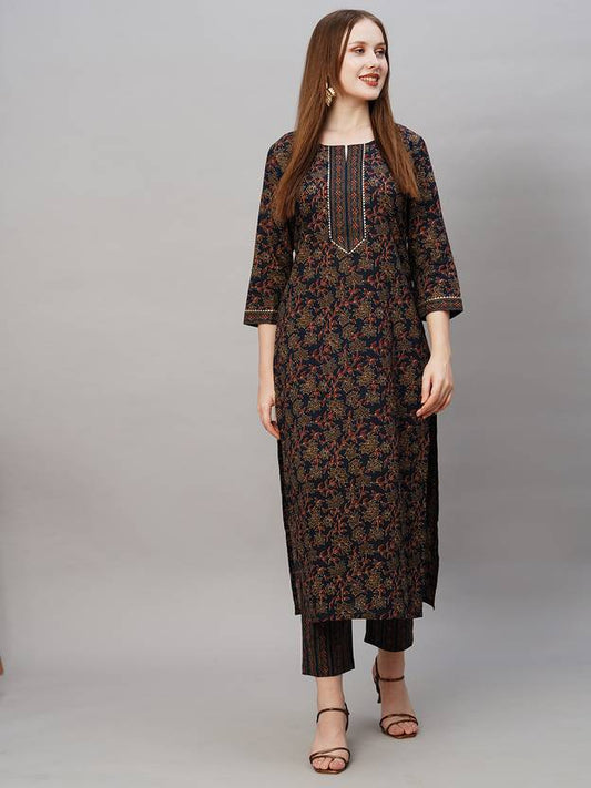 Sufiyana Ámour's Dark Navy Blue Floral Print Kurta and Palazzo Pants Set for Women