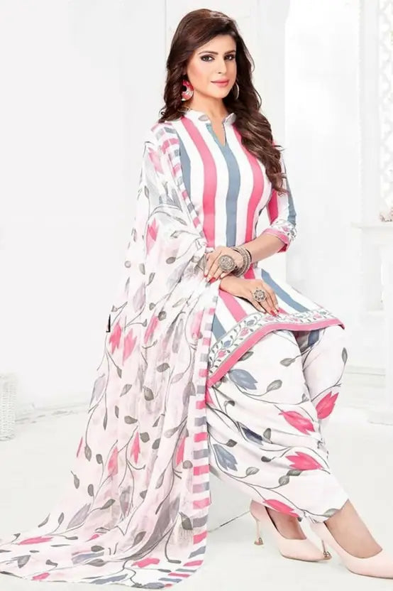 Sufiyana Ámour's White, Pink & Blue Striped Salwar Suit Material for Females