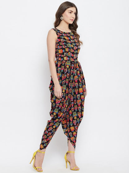 Sufiyana Ámour's Black Multicolor Owl Print Dhoti Jumpsuit for Females