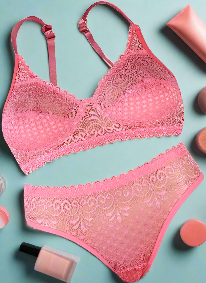 Sufiyana Ámour's Sexy Vibrant Pink Floral Lace Lingerie Set