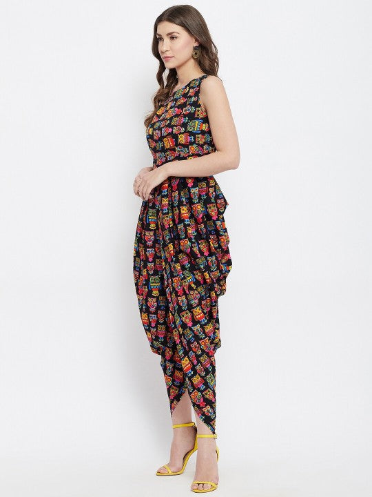Sufiyana Ámour's Black Multicolor Owl Print Dhoti Jumpsuit for Females