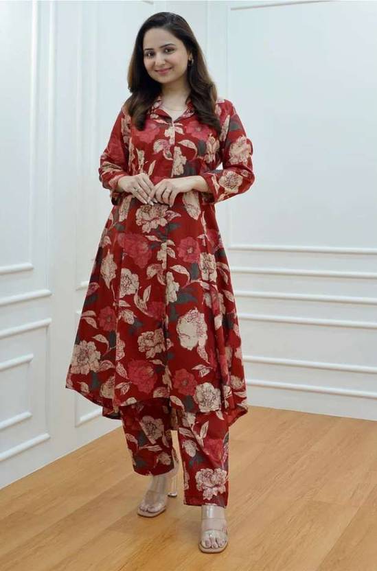Sufiyana Ámour's Deep Red Floral Print Kurta and Pants Set for Women