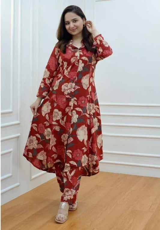 Sufiyana Ámour's Deep Red Floral Print Kurta and Pants Set for Women