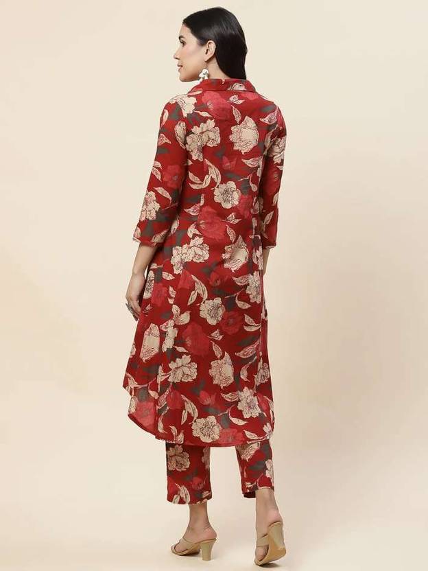 Sufiyana Ámour's Deep Red Floral Print Kurta and Pants Set for Women