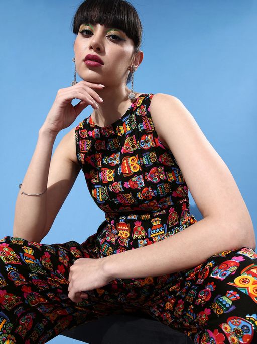 Sufiyana Ámour's Black Multicolor Owl Print Dhoti Jumpsuit for Females