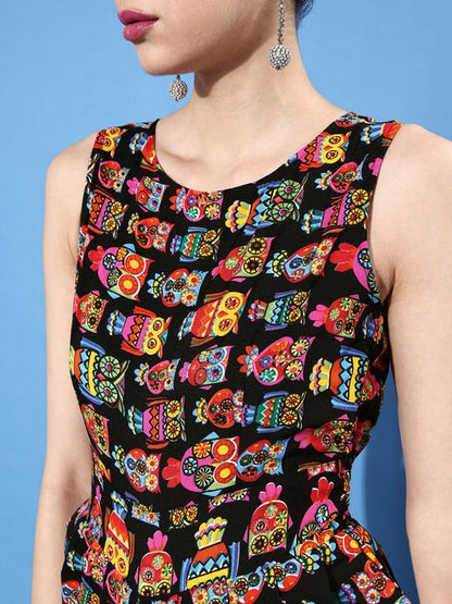 Sufiyana Ámour's Black Multicolor Owl Print Dhoti Jumpsuit for Females