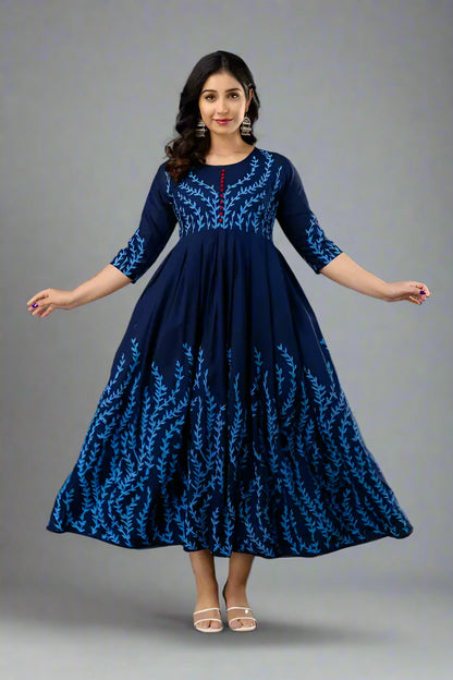 Sufiyana Ámour's Deep Navy Blue Floral Print Rayon Anarkali Kurta for Women