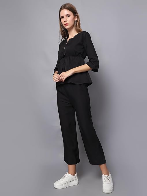 Chic Crepe Black Two-Piece Jumpsuit Set: Top and Pants Ensemble