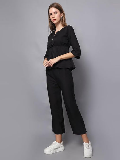Chic Crepe Black Two-Piece Jumpsuit Set: Top and Pants Ensemble