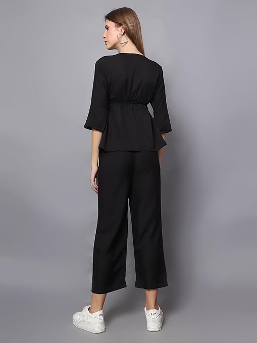 Chic Crepe Black Two-Piece Jumpsuit Set: Top and Pants Ensemble