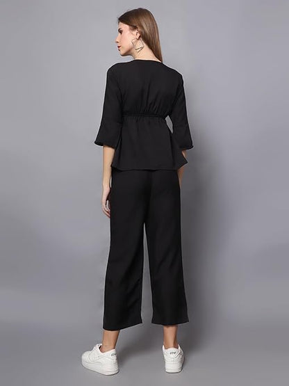 Chic Crepe Black Two-Piece Jumpsuit Set: Top and Pants Ensemble