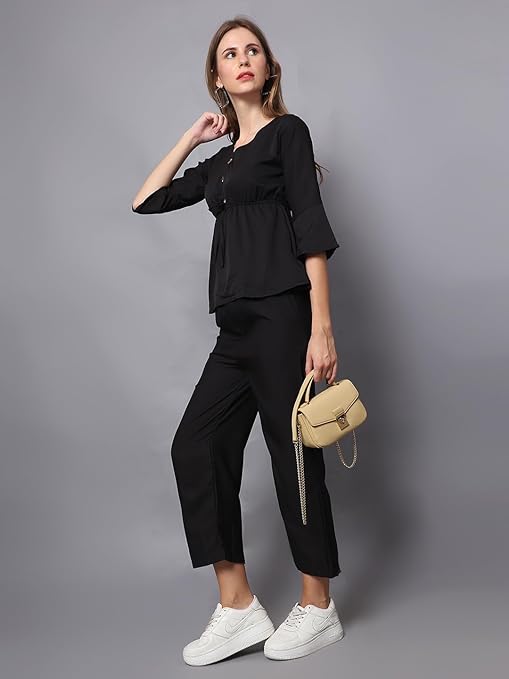 Chic Crepe Black Two-Piece Jumpsuit Set: Top and Pants Ensemble