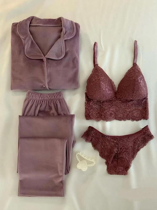 Sufiyana Ámour's Luxe Purple Night Suit & Bra Panty Set Combo for Women